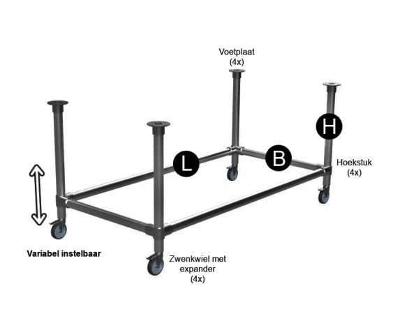 Zwarte steigerbuis onderstel tafel met onder-etage uit buis Ø 33,7 mm zwenkwielen